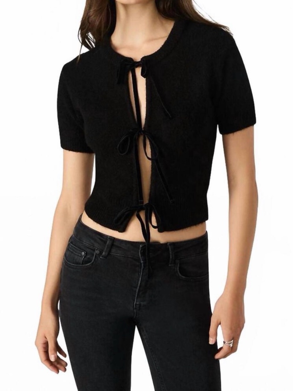 Steve Madden Bow Tie Front Cardigan Coquette NWT Sereia Black Cropped Sweater